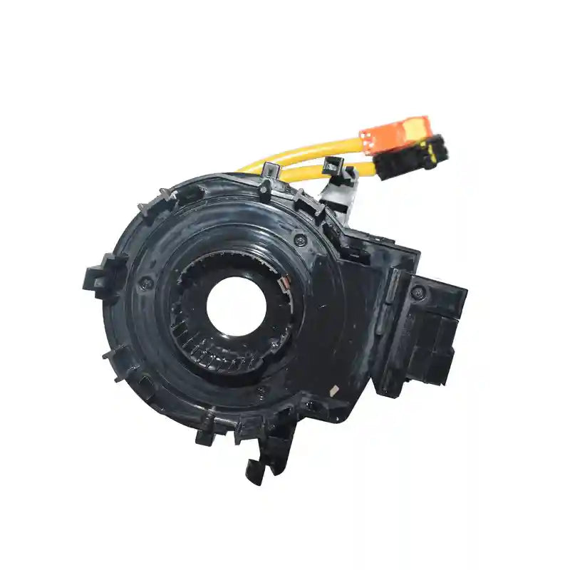 Mechanical component with black casing and yellow wiring on a white background