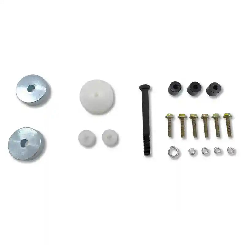 Set of mechanical parts including bolts, washers, and nuts on a white background