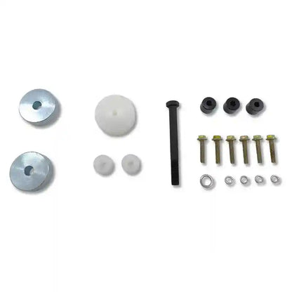 Set of mechanical parts including bolts, washers, and nuts on a white background