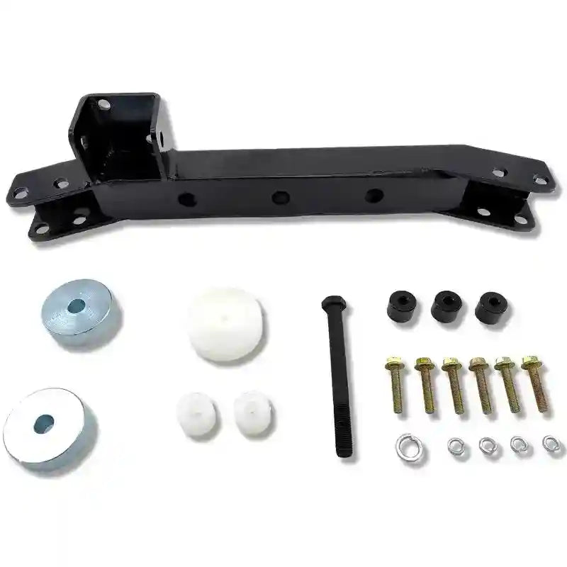 Mechanical parts including a large black metal bracket and smaller components on a white background
