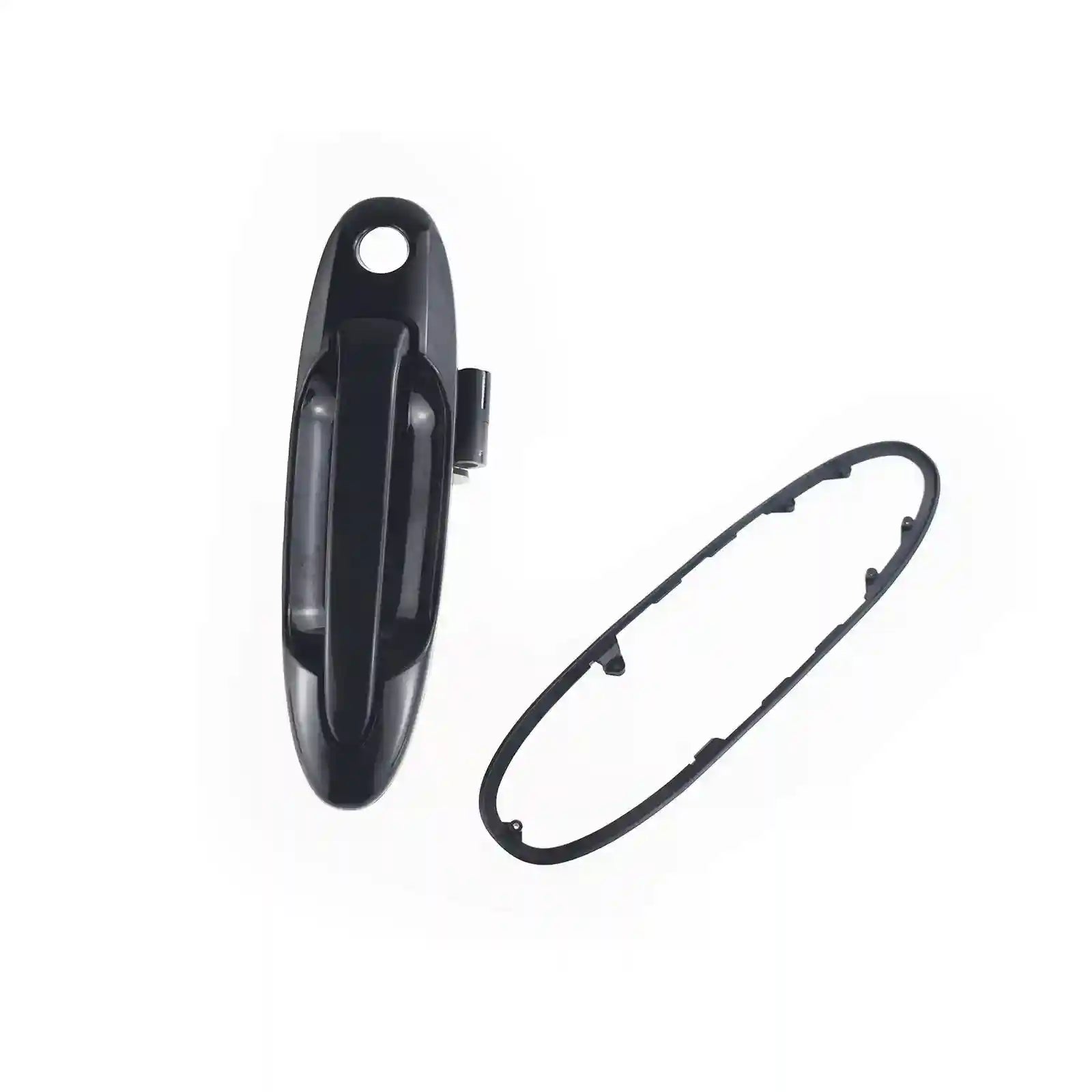 Black car door handle with gasket on a white background