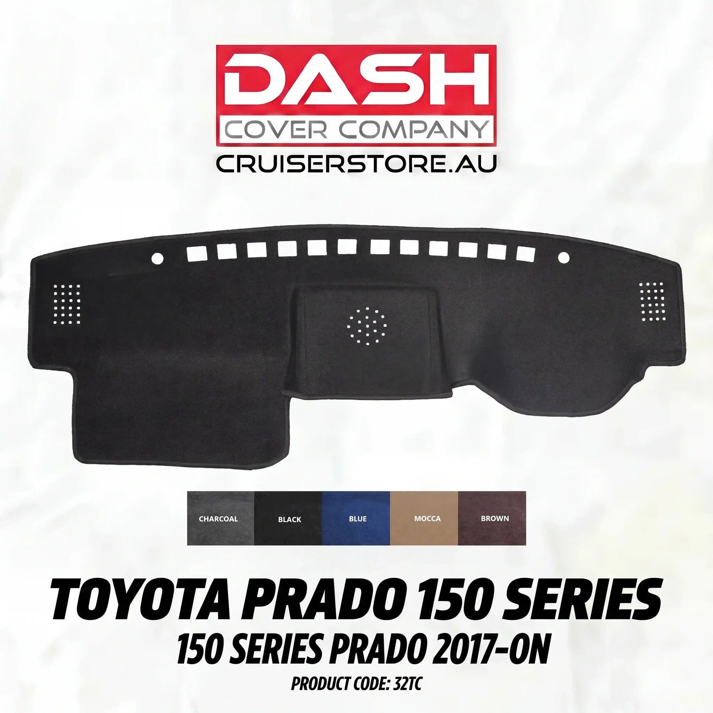 Car dashboard cover for Toyota Prado 150 Series with Dash Cover Company branding on a white background.