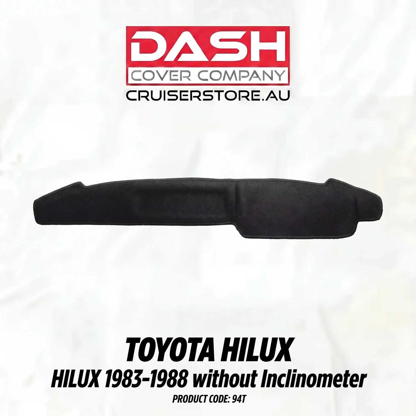 Black car dashboard cover for Toyota Hilux on a white background with Dash Cover Company branding.