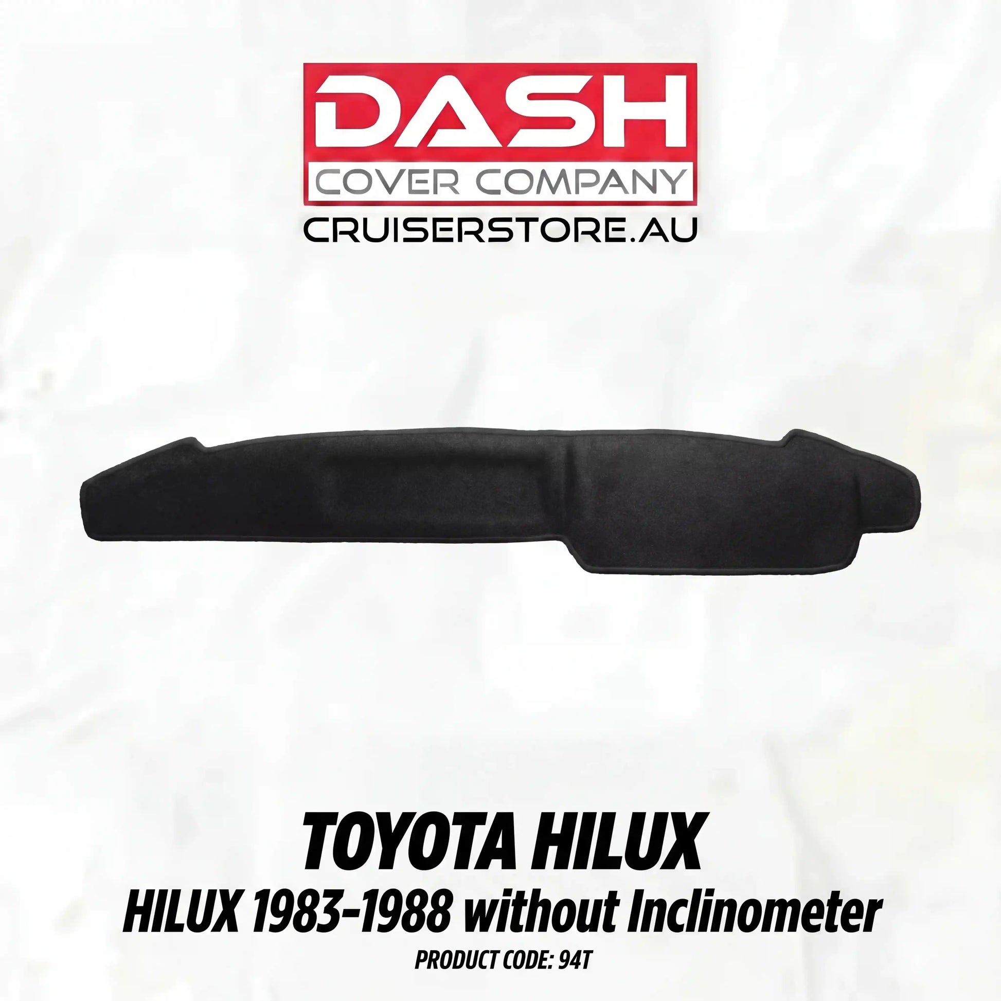 Black car dashboard cover for Toyota Hilux on a white background with Dash Cover Company branding.
