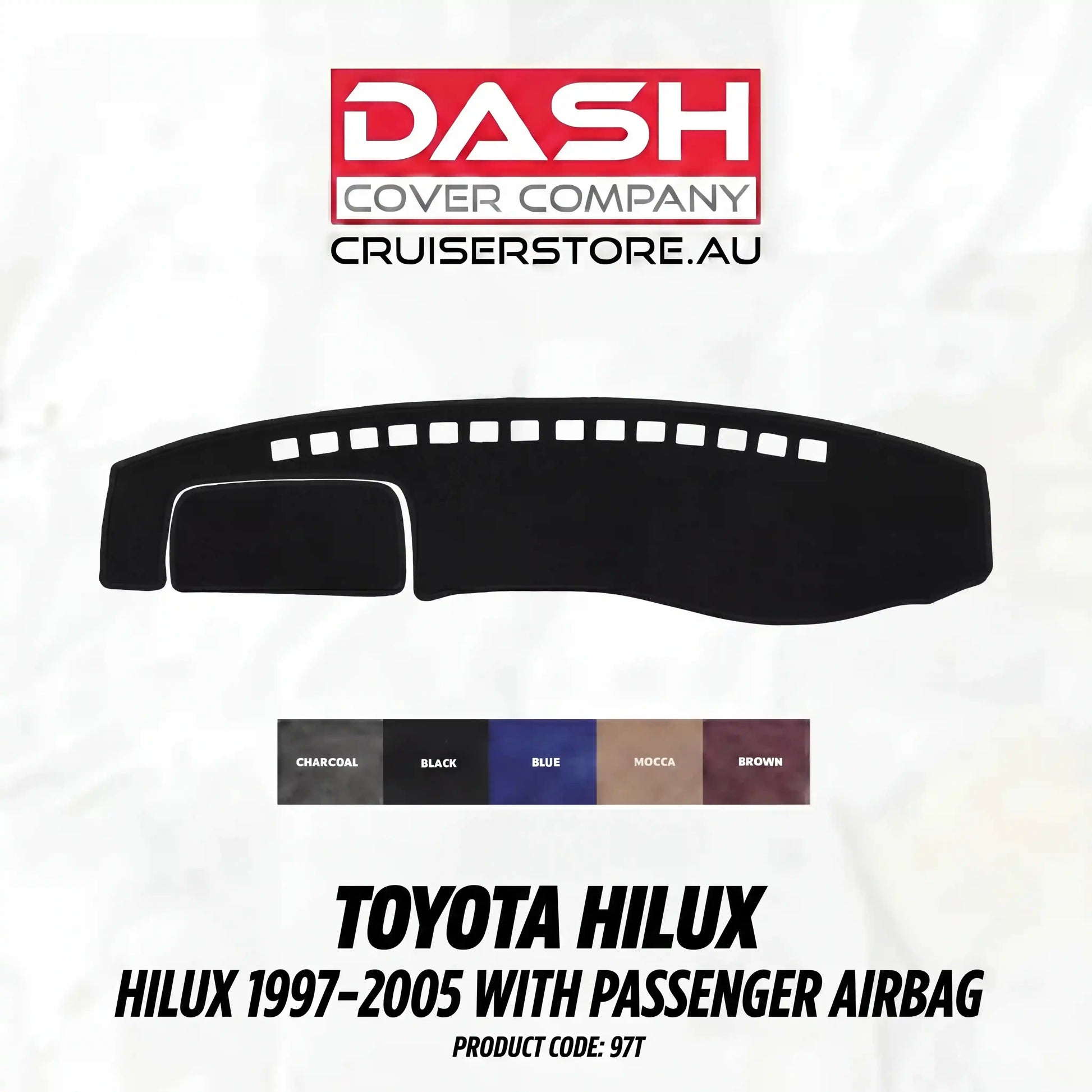 Car dashboard cover for Toyota Hilux with Dash Cover Company branding on a white background.