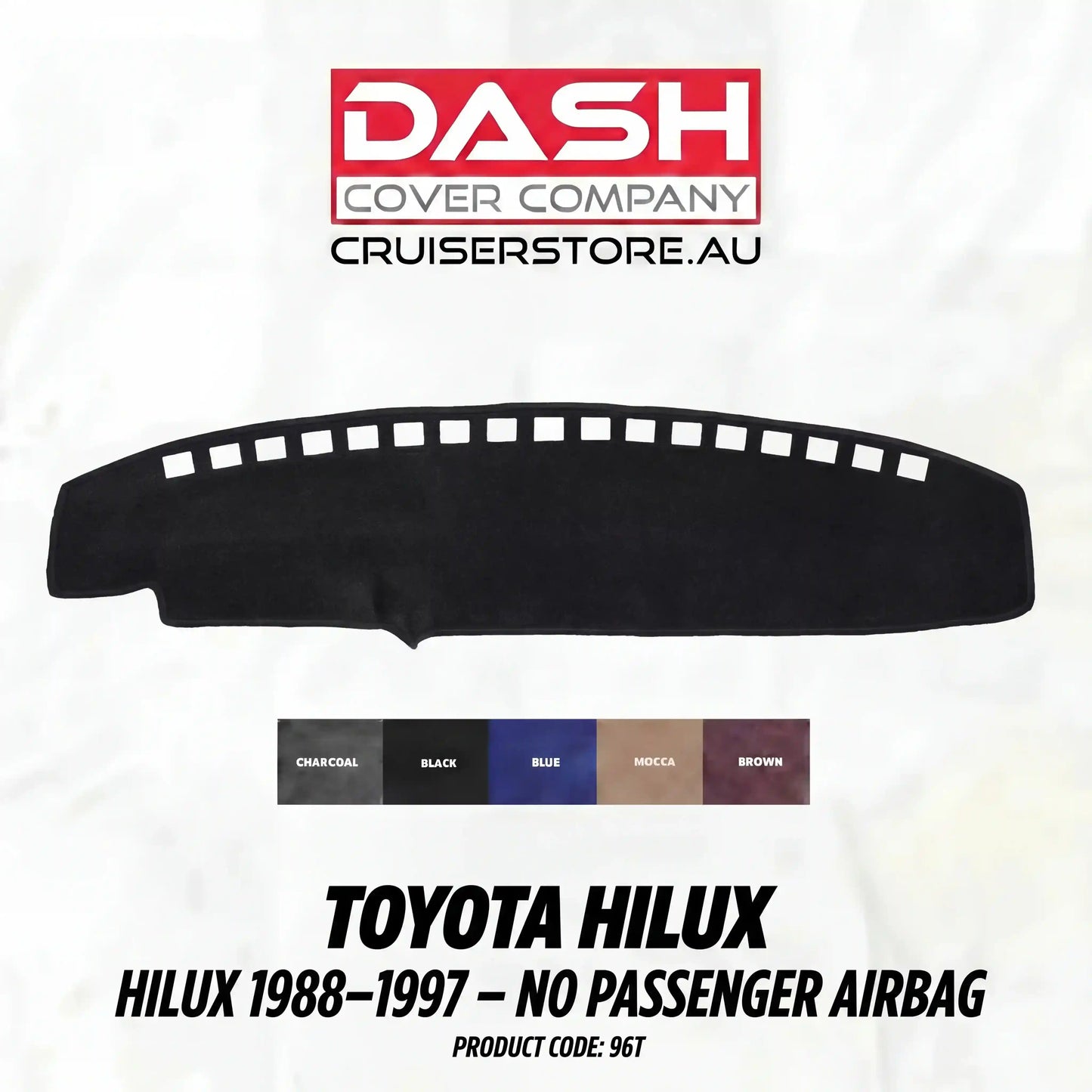 Car dashboard cover for Toyota Hilux with color options and product code on a white background.