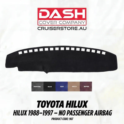 Car dashboard cover for Toyota Hilux with color options and product code on a white background.