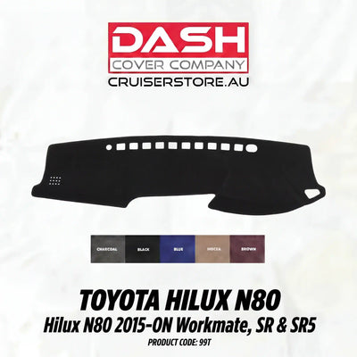 Car dashboard cover for Toyota Hilux N80 with Dash Cover Company branding on a white background.