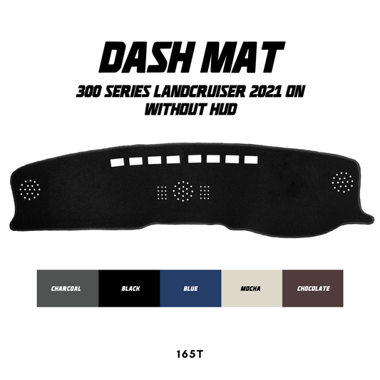 Car dashboard mat for 300 Series LandCruiser 2021 on without HUD, with color options displayed.