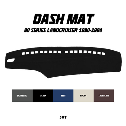 Black dashboard mat for 80 Series Landcruiser 1990-1994 with color swatches below.