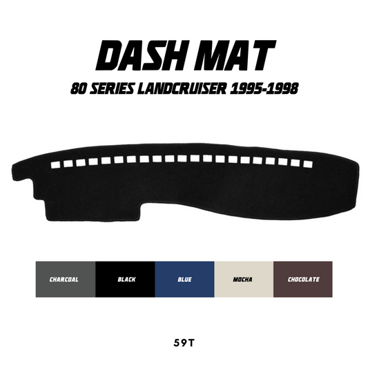 Black dash mat for 80 Series Landcruiser 1995-1998 with color swatches on a white background