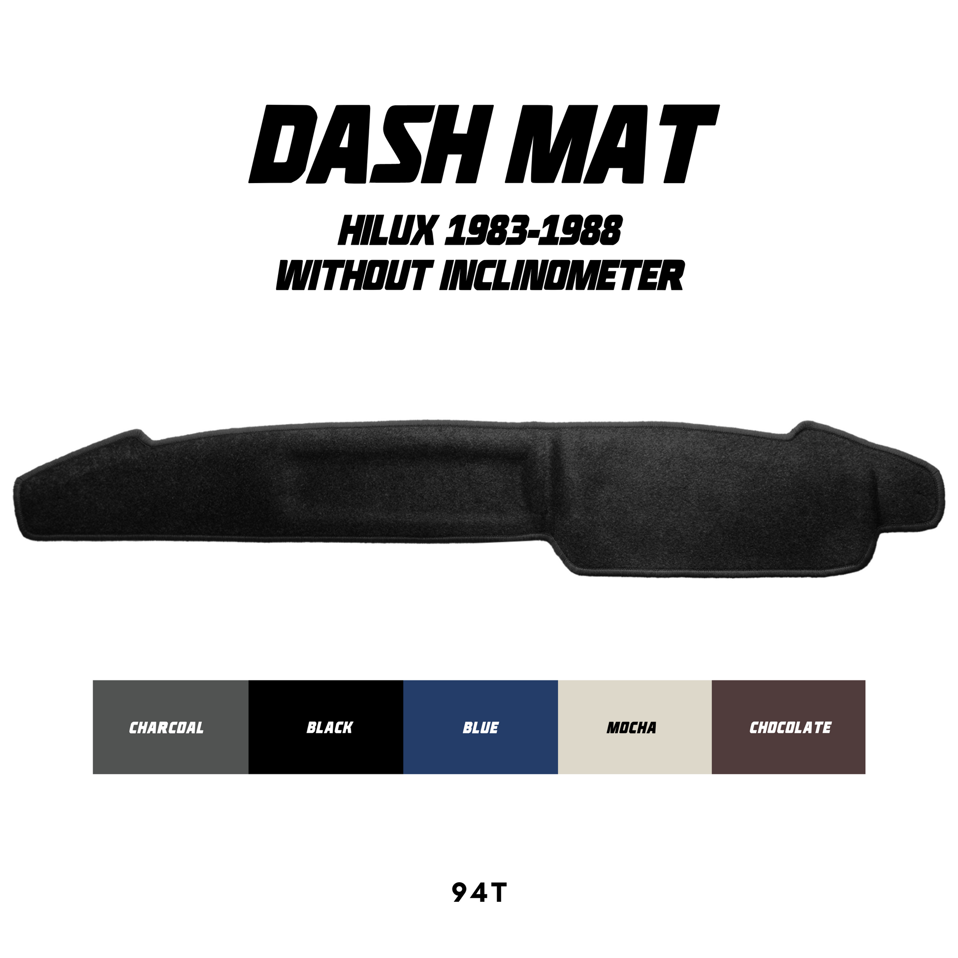 Car dash mat for Toyota Hilux 1983-1988 without inclinometer, showing color options on a white background.