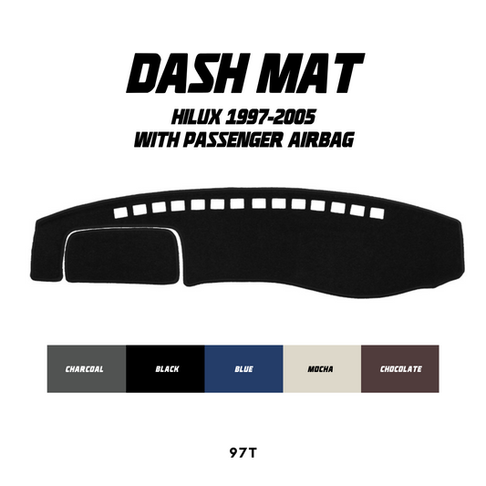 Car dash mat for Toyota Hilux 1997-2005 with passenger airbag, showing color options.