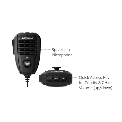 Black speaker microphone with labeled features on a white background
