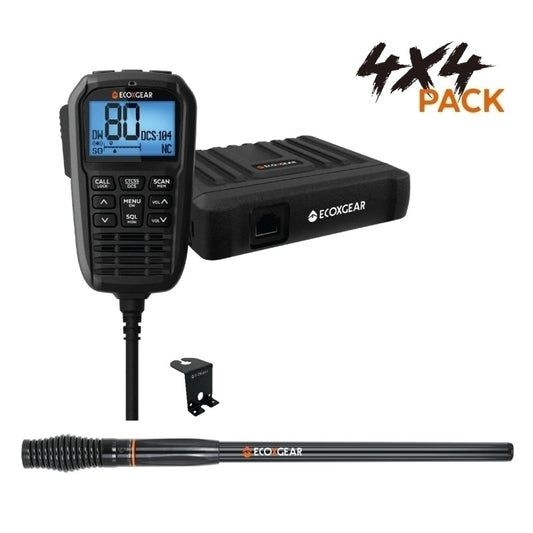 Ecoxgear radio and antenna set with digital display on a white background