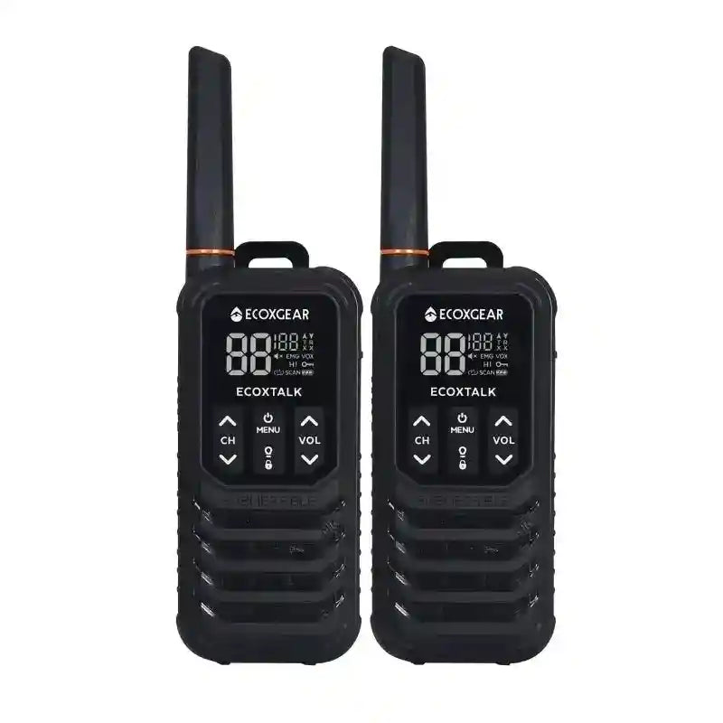 Two black walkie talkies with digital displays on a white background