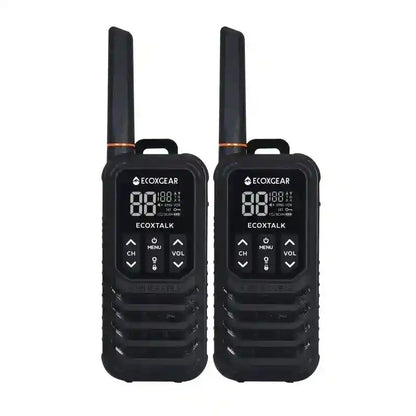 Two black walkie talkies with digital displays on a white background
