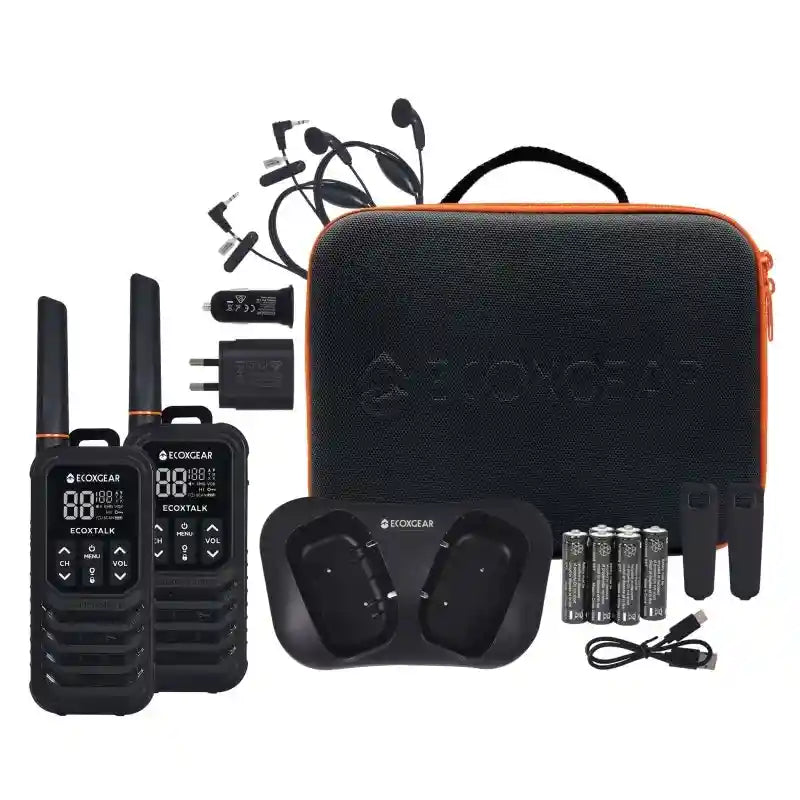 Ekocgear communication kit with walkie-talkies, charger, and accessories on a white background