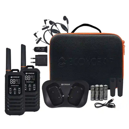 Ekocgear communication kit with walkie-talkies, charger, and accessories on a white background