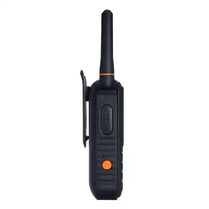 Black ECOXTALK UHF Radio with orange button on a white background