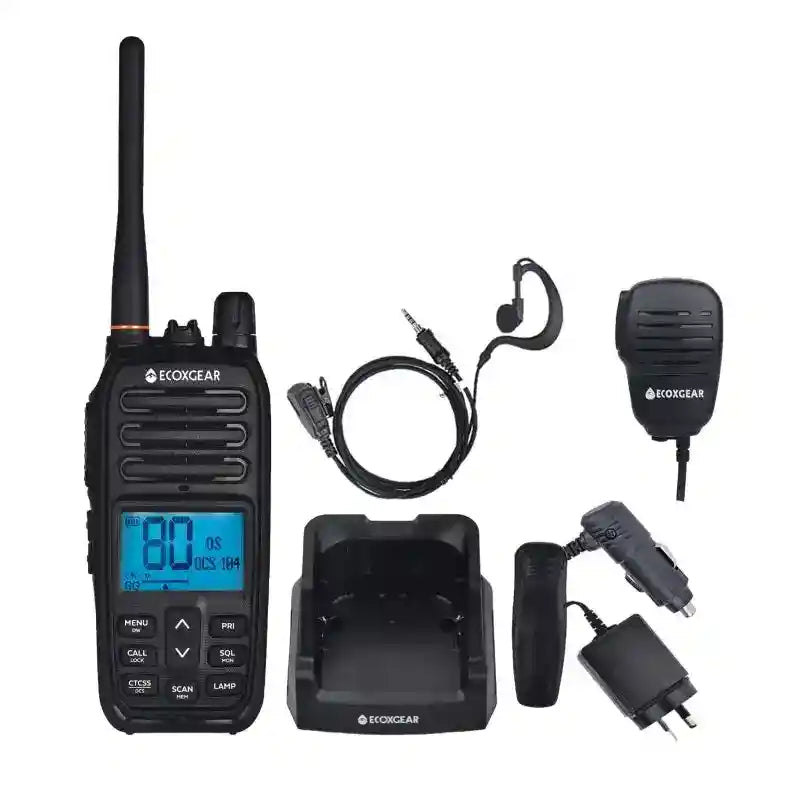 Black Handheld UHF Radio with accessories on a white background