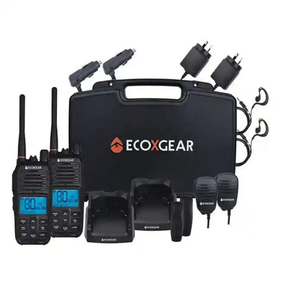 EcoXGear communication device set with radios, charger, and accessories on a white background