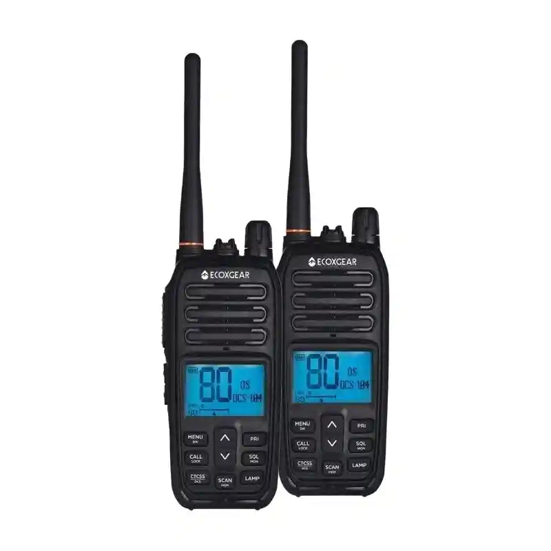 Two black walkie-talkies with digital displays on a white background