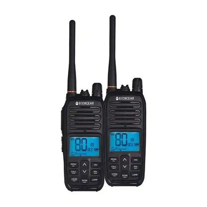 Two black walkie-talkies with digital displays on a white background