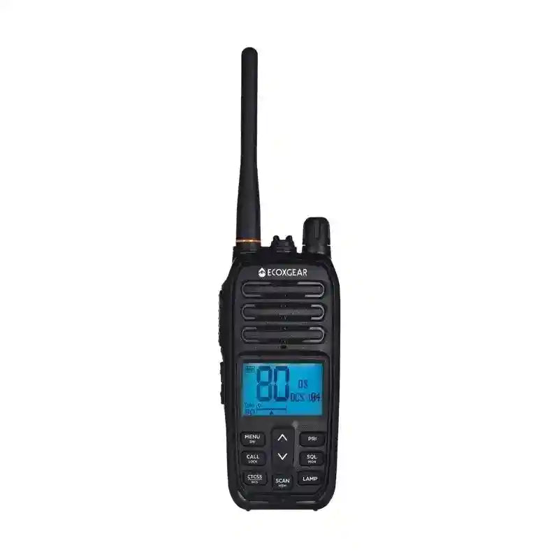 Black walkie talkie with digital display on a white background