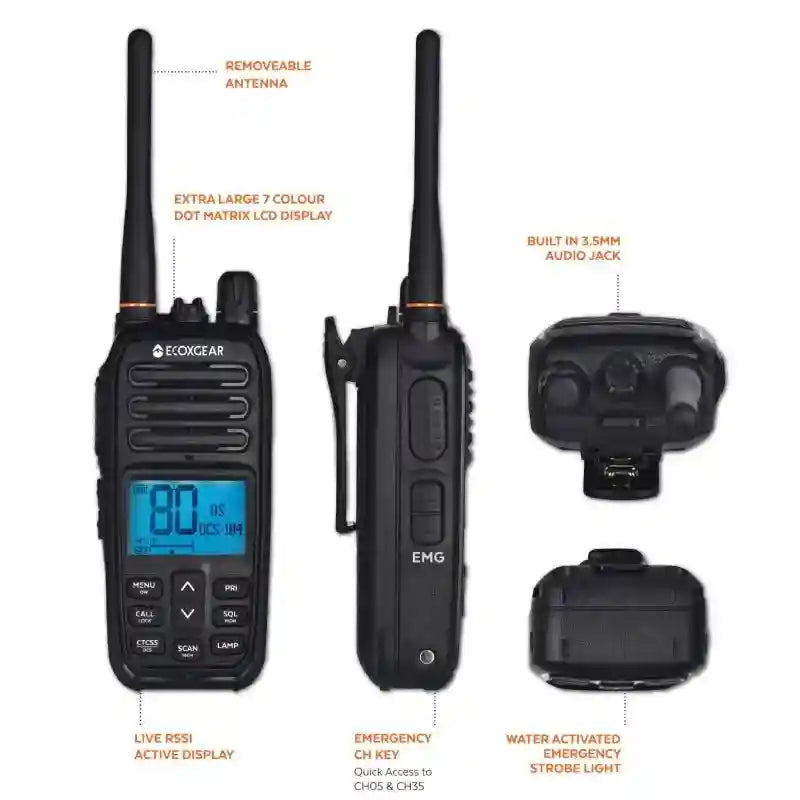 Black walkie-talkie with features highlighted on a white background