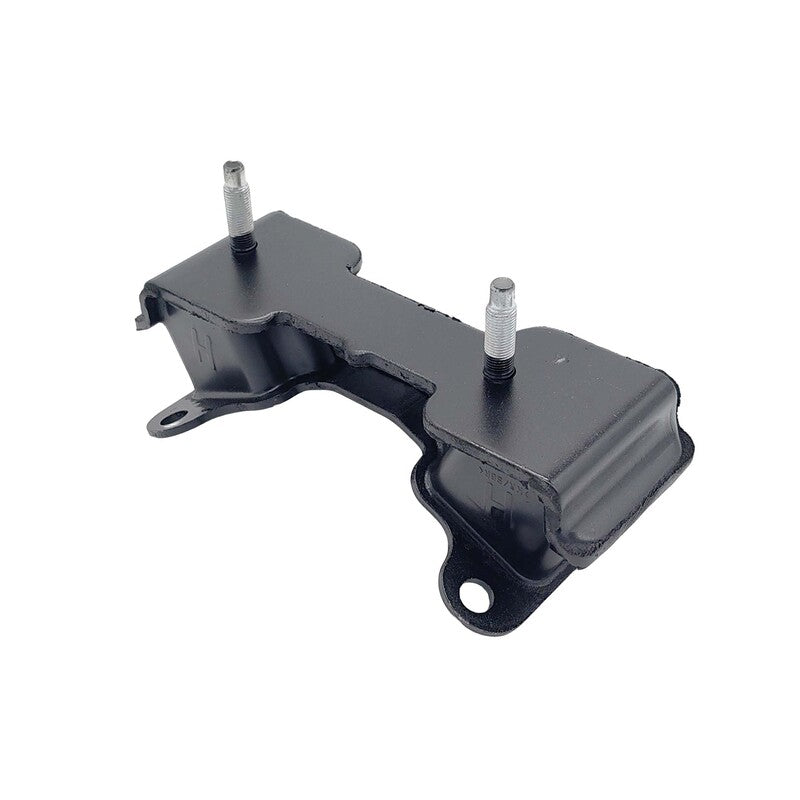 Black metal bracket with two bolts on a white background