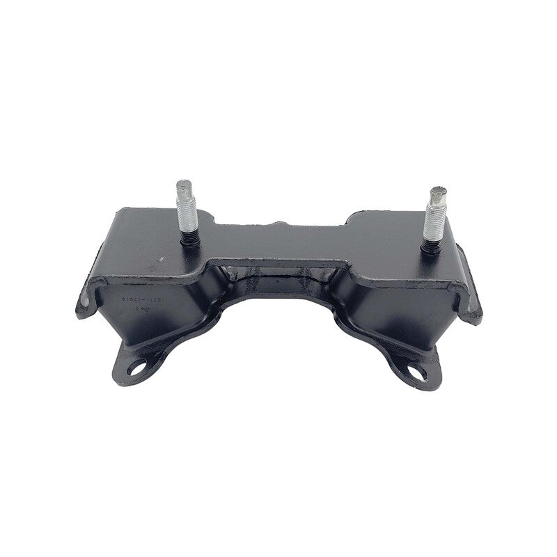 Black metal bracket with two bolts on a white background
