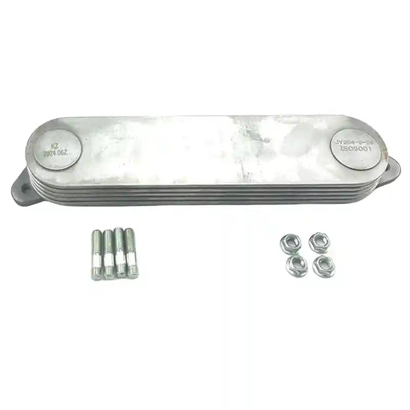 Diesel Engine Oil Cooler with bolts and washers on a white background