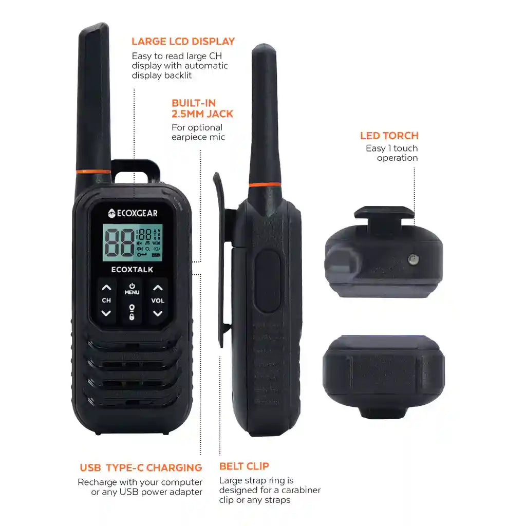 Black UHF Radio with features highlighted on a white background
