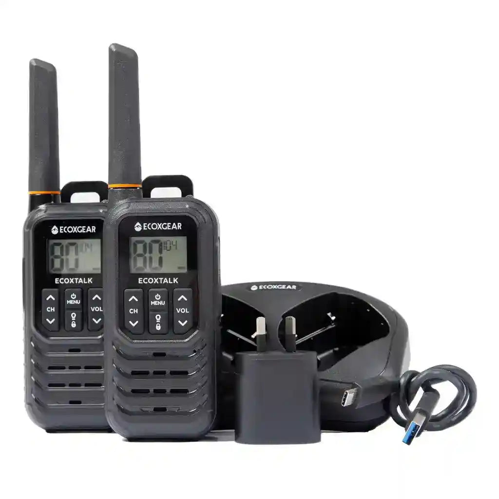 Two UHF Radios with a charger on a white background