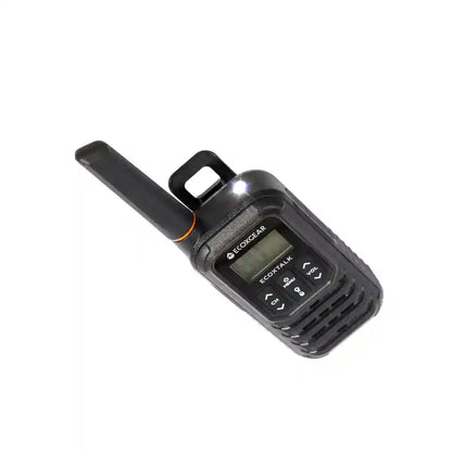 Black UHF Radio with digital display on a white background