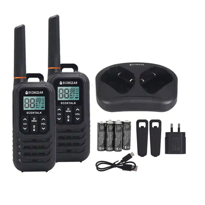 Two UHF Radios with accessories on a white background
