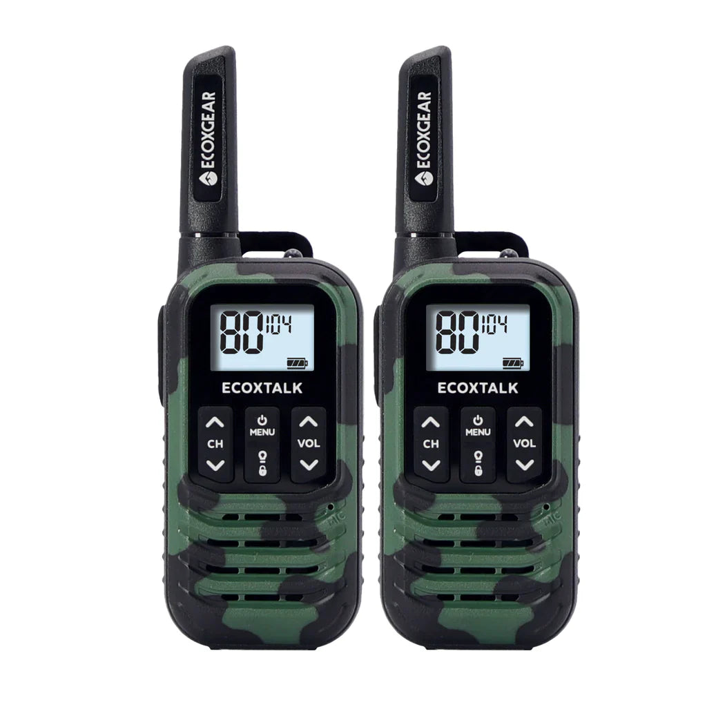 Two ECOXTALK UHF Radios with camouflage design on a white background