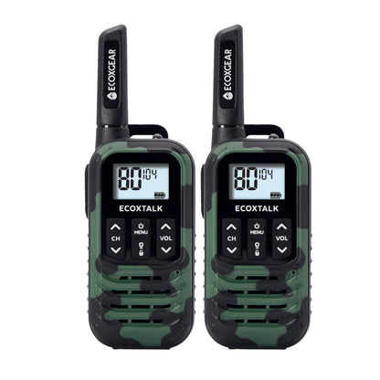 Two ECOXTALK UHF Radios with camouflage design on a white background