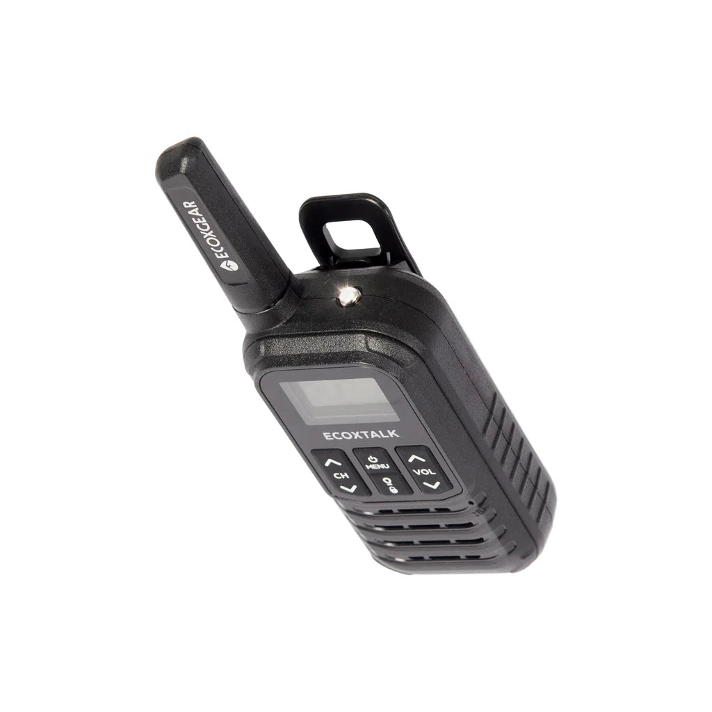 Black walkie talkie with 'Ecoxtalk' branding on a white background