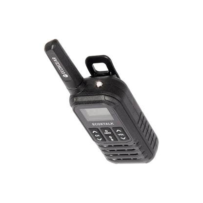 Black walkie talkie with 'Ecoxtalk' branding on a white background