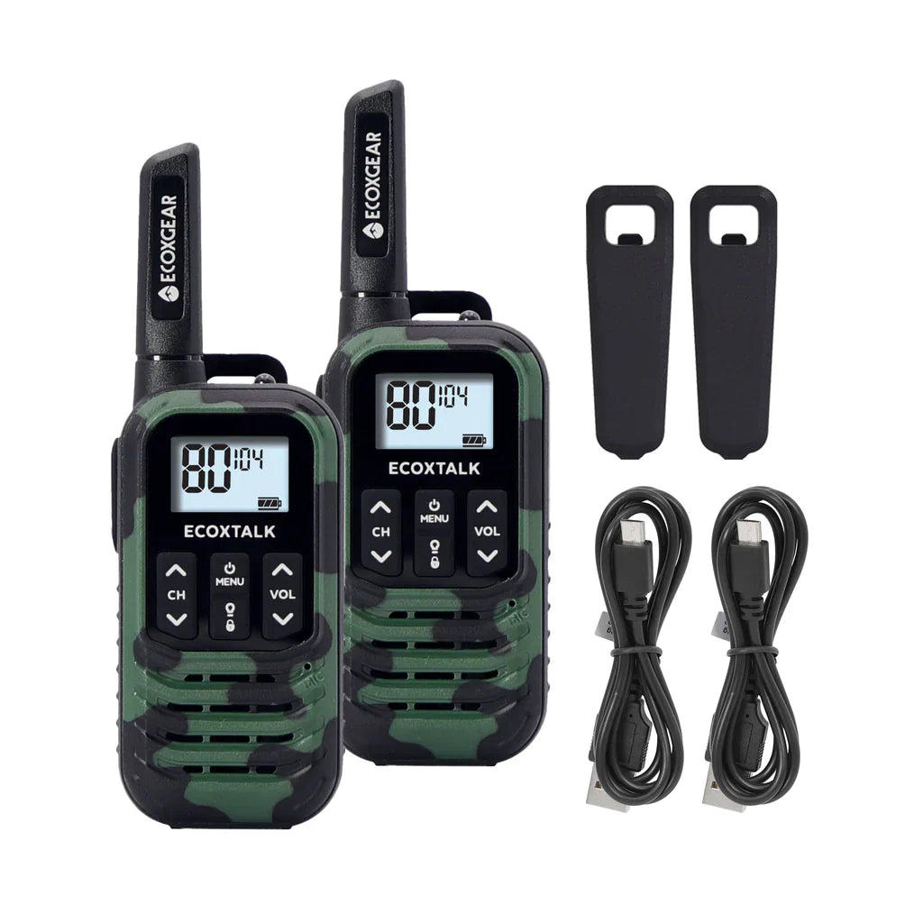 Two ECOXTALK UHF Radios with accessories on a white background