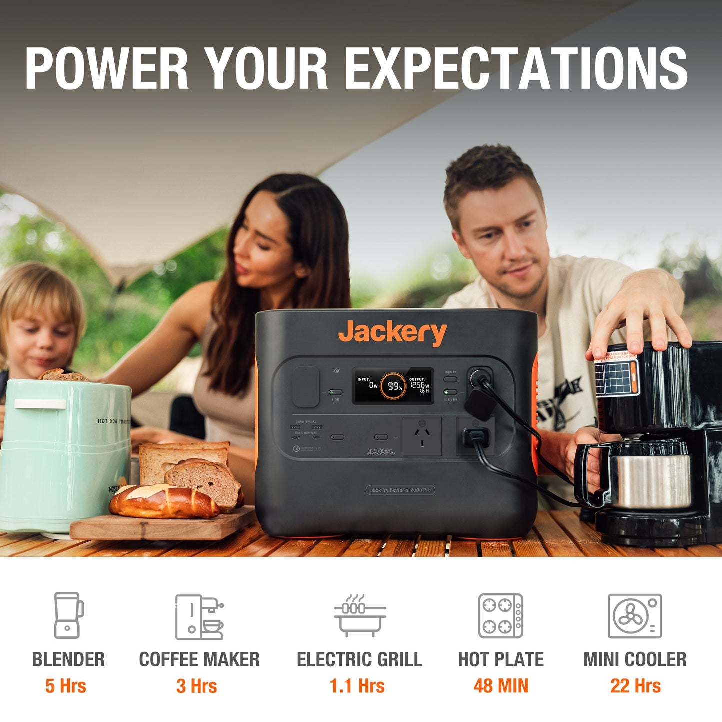 Jackery power station with family using it outdoors, featuring text 'Power Your Expectations'.