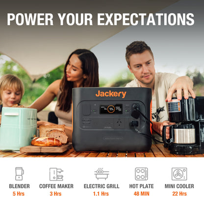 Jackery power station with family using it outdoors, featuring text 'Power Your Expectations'.