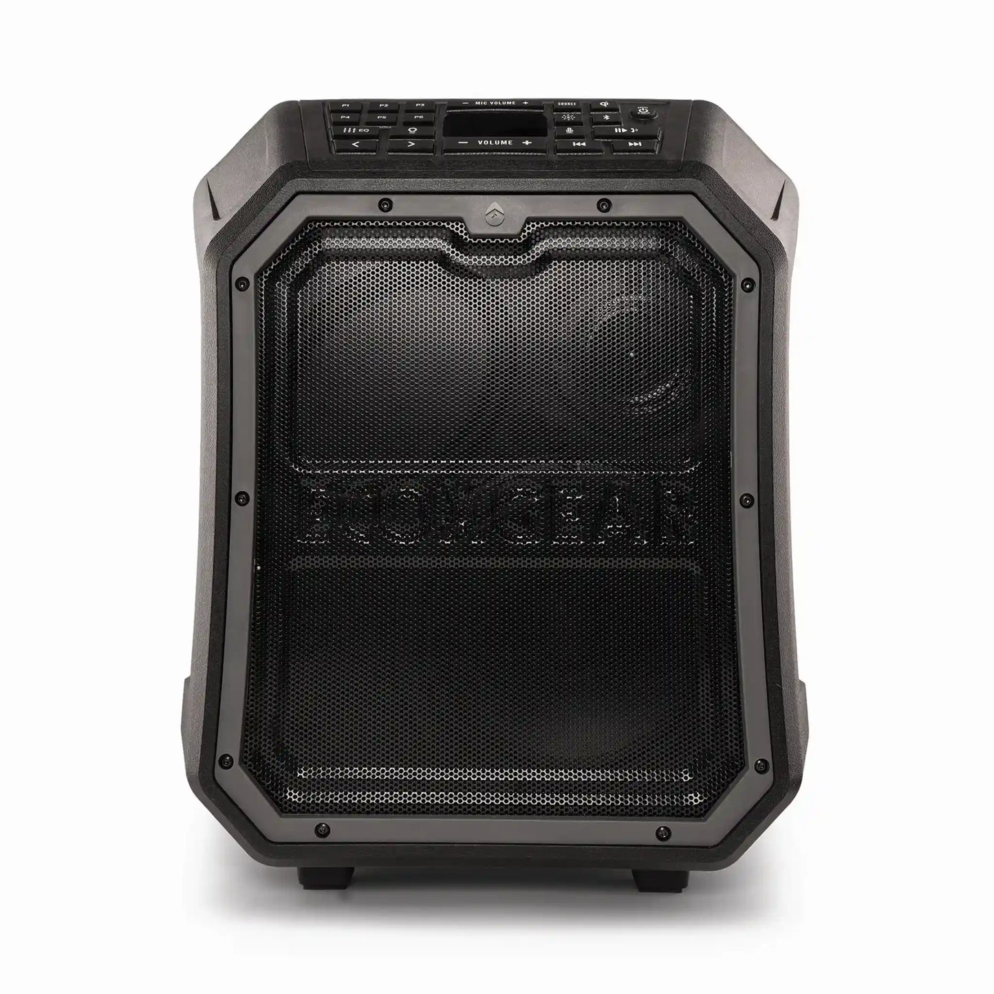 Black portable speaker on a white background
