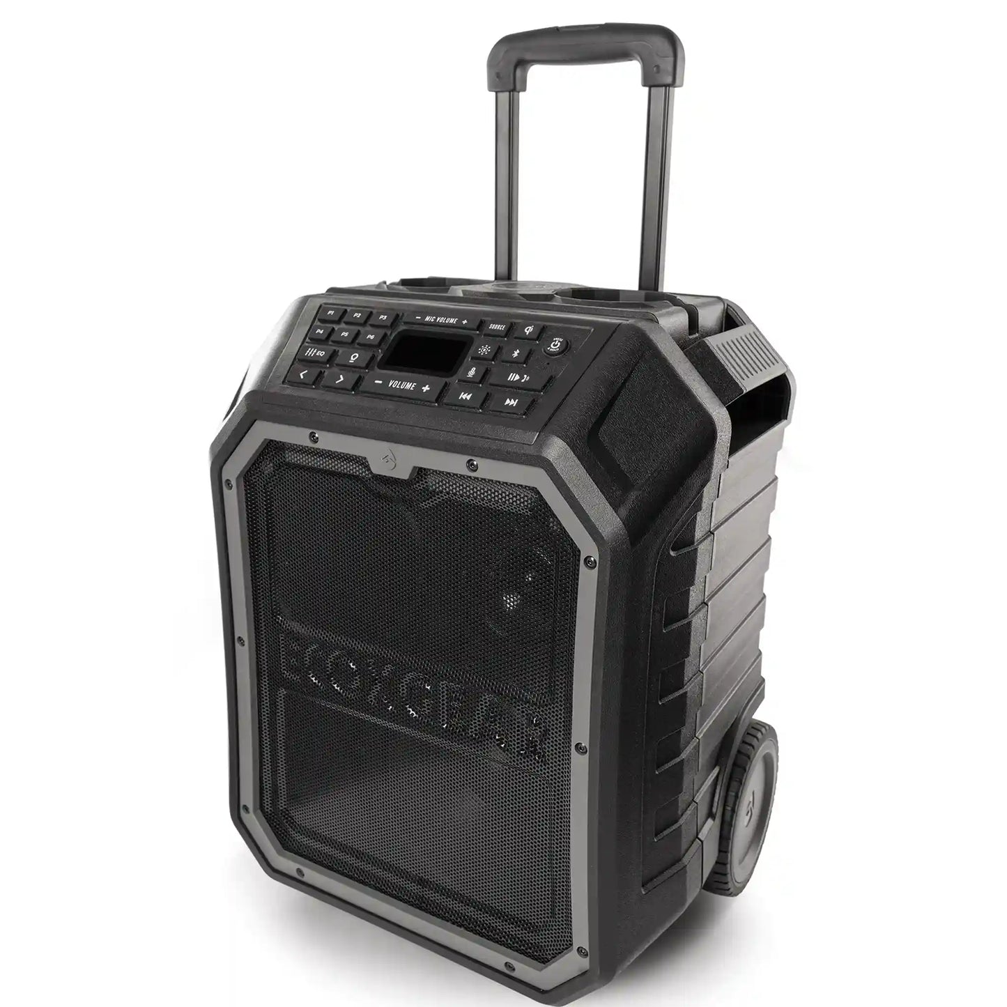 Black portable speaker with wheels and control panel on a white background