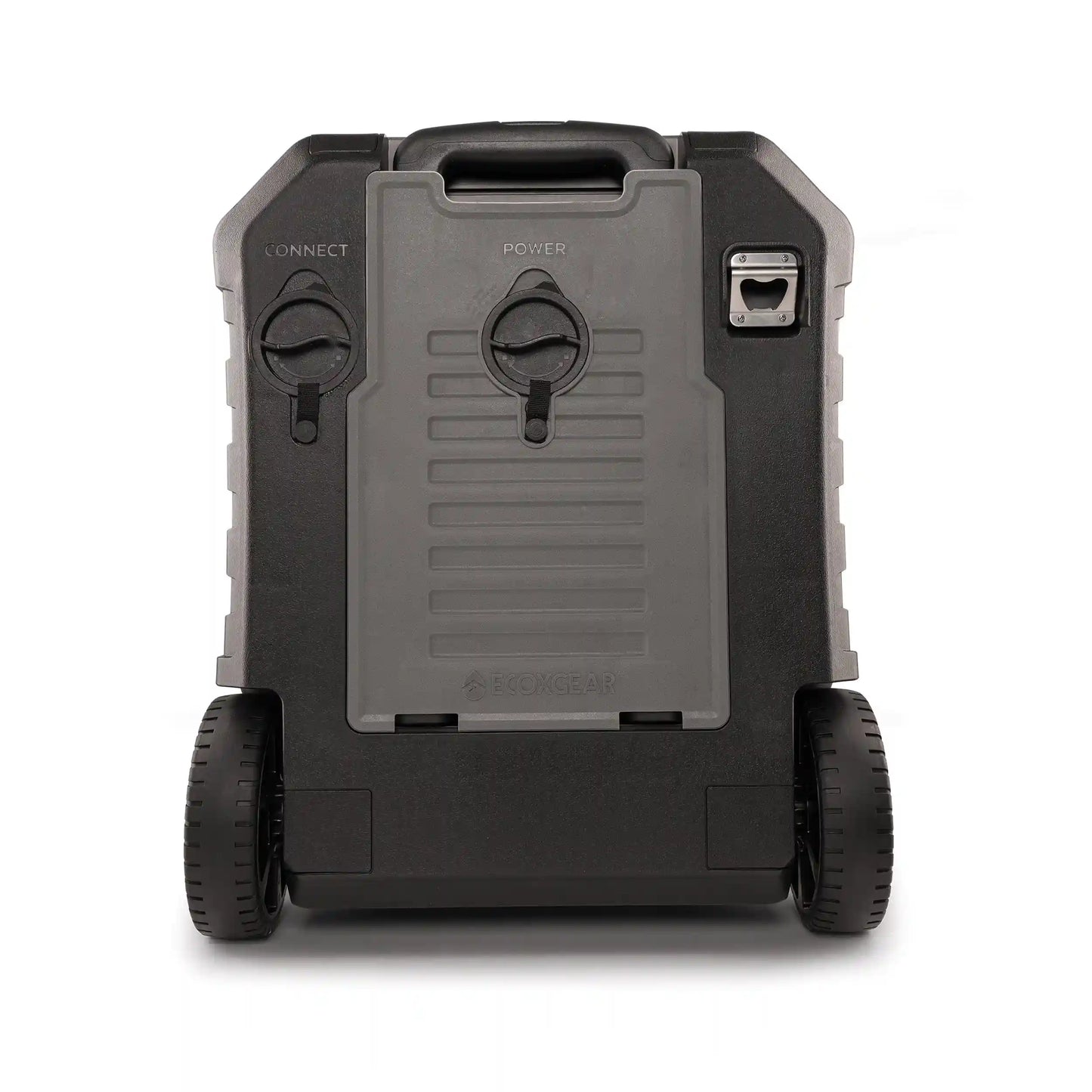 Black and gray portable power station with wheels on a white background