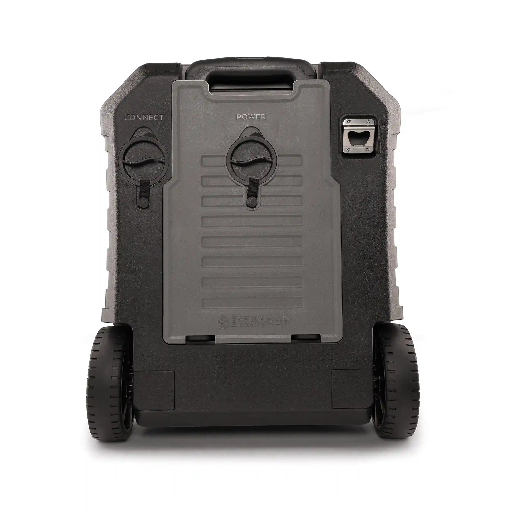 Black and gray portable power station with wheels on a white background