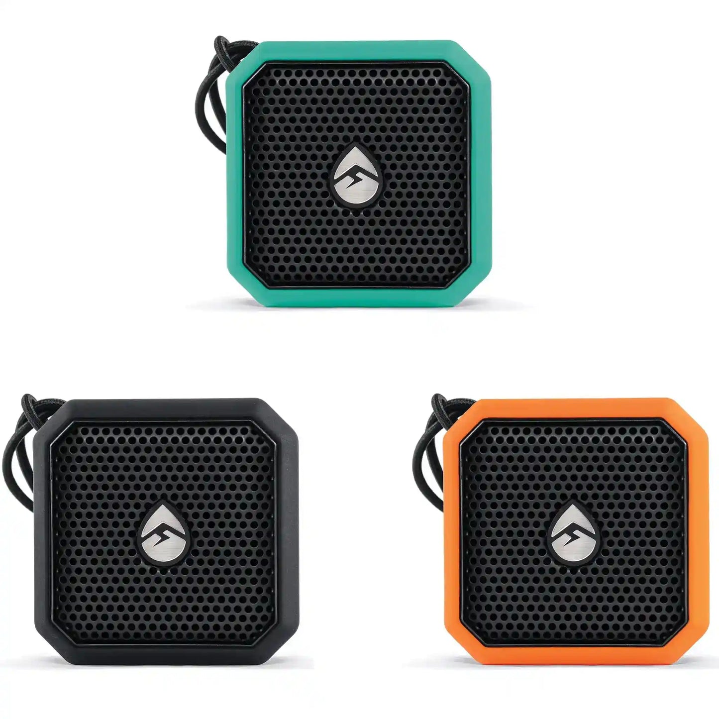 Three portable speakers in black, teal, and orange on a white background