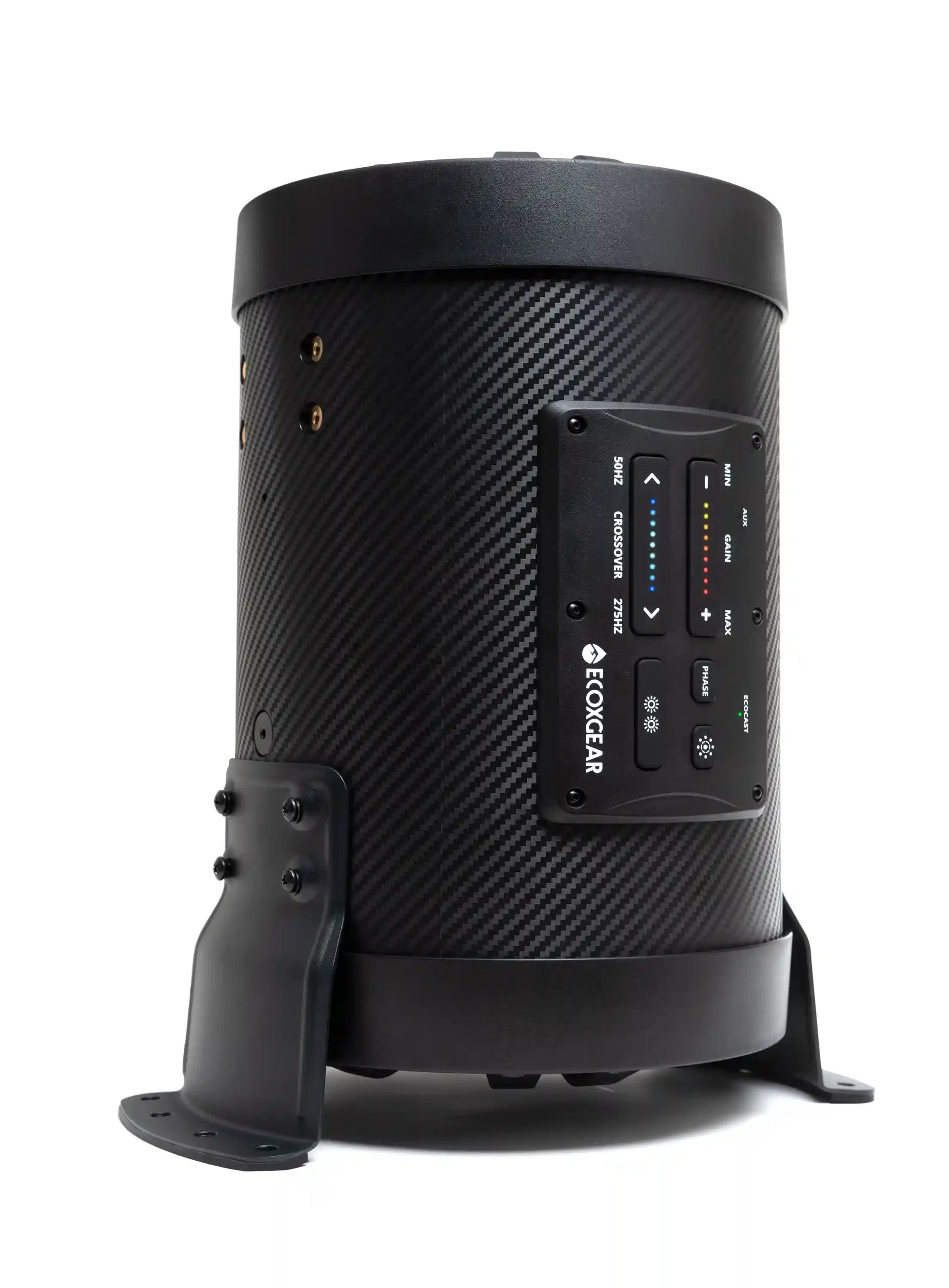 Black portable speaker with carbon fiber texture on a white background